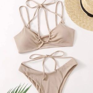 SHEIN - RIB TIE FRONT HALTER BIKINI - BEIGE
